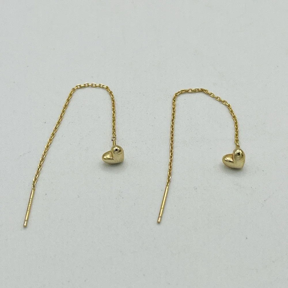 S.Leaf Gold Over Sterling Silver Heart Dangle Ear Threader Earrings 1.68g